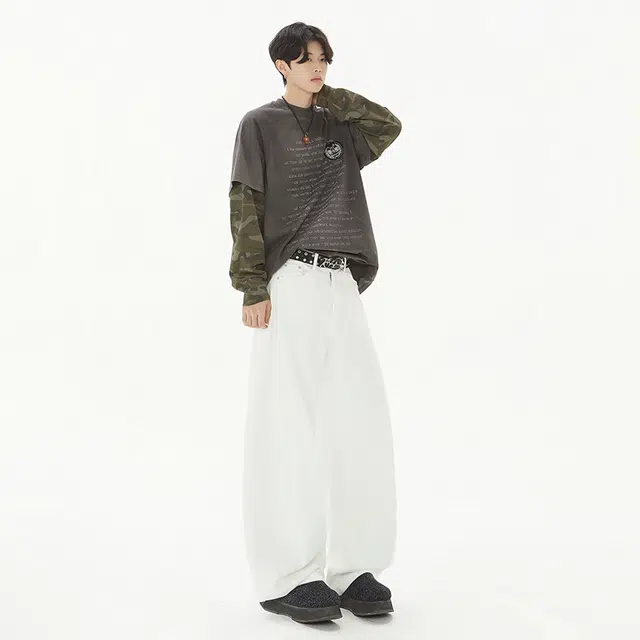 棉基因 美式高街纯色纯棉宽松简约复古潮牌弯刀阔腿休闲撞色显高显瘦百搭牛仔裤 男女同款