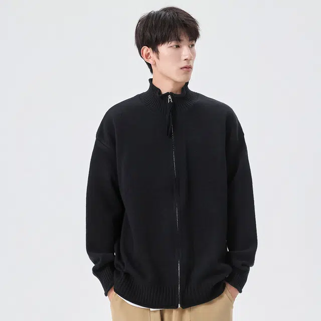 棉基因 学院风立领针织线衣简约基础款纯色夹克外套宽松慵懒风松弛感春秋冬款上衣舒适亲肤双拉头落肩长袖保暖开衫毛衣 男女同款