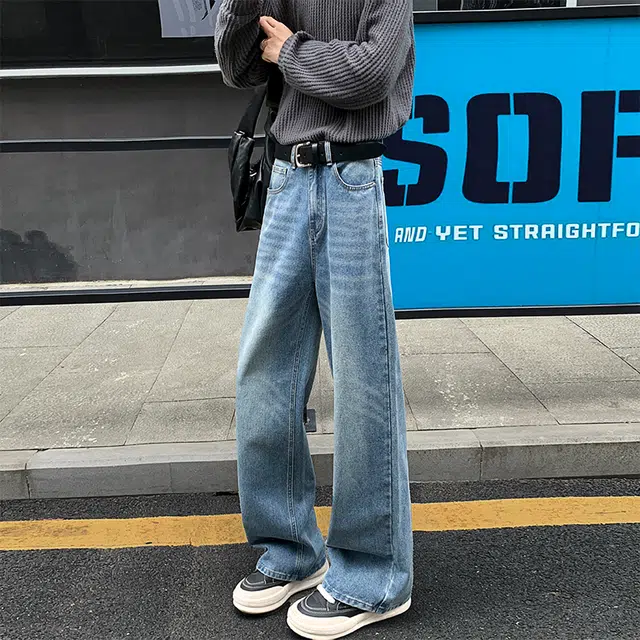 棉基因 美式高街时尚简约水洗做旧复古磨白宽松直筒垂感中腰休闲百搭牛仔裤 男女同款