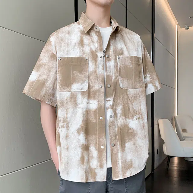棉基因 美式复古扎染工装度假风凉感防晒半袖衬衣外套短袖衬衫 男女同款