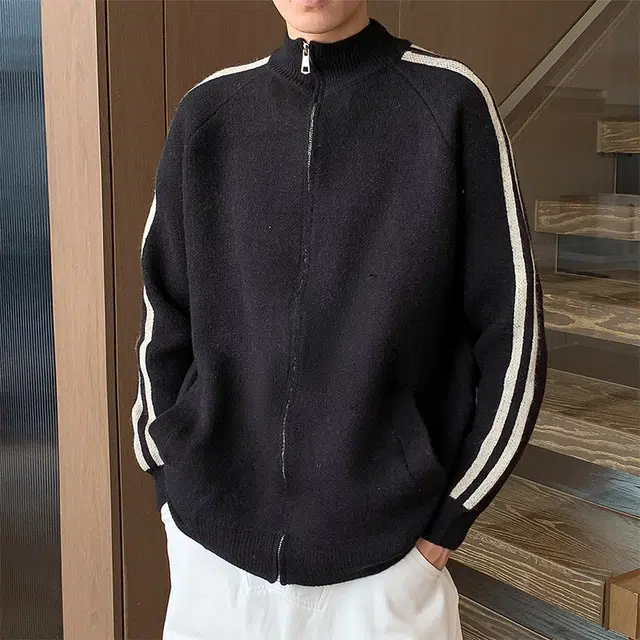 棉基因 美式学院风侧边条纹撞色简约复古潮流纯色基础款百搭线衣针织外套毛衣 男女同款