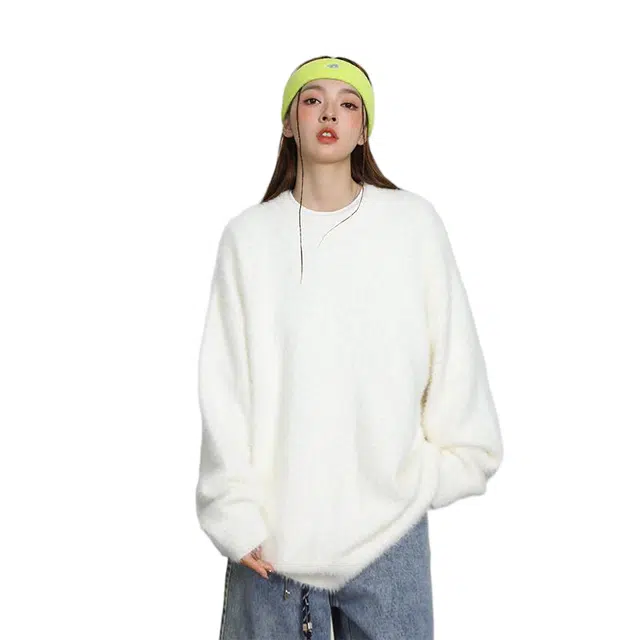 棉基因 美式复古慵懒风仿貂绒纯色圆领宽松休闲织仿海马多巴胺学生党舒适柔软氛围感百搭毛衣 男女同款