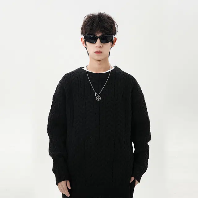 棉基因 文艺风编织肌理感纯色百搭麻花纹理圆领针织上衣结构设计款保暖宽松休闲毛衣 男女同款