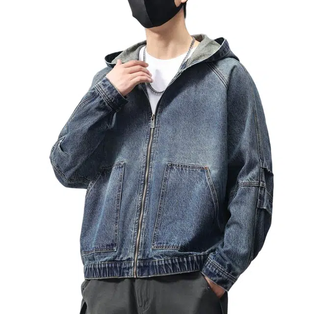 棉基因 复古高街水洗做旧宽松简约连帽落肩时尚百搭日常通勤基础款牛仔外套 男女同款