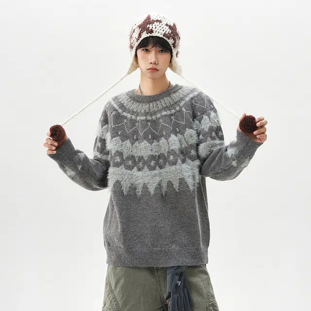 棉基因 费尔岛提花撞色柔软舒适加厚保暖御寒连帽毛领腰果花基础款百搭时尚休闲宽松打底衣针织毛衣 男女同款