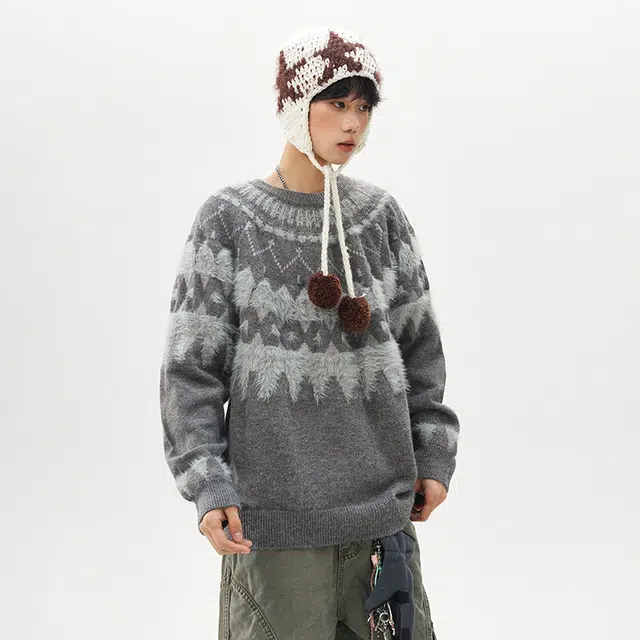 棉基因 费尔岛提花撞色柔软舒适加厚保暖御寒连帽毛领腰果花基础款百搭时尚休闲宽松打底衣针织毛衣 男女同款