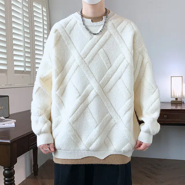 棉基因 美式复古老钱风简约圆领假两件麻花纹理结构设计款宽松保暖打底衫小众情侣秋季穿搭休闲针织毛衣 男女同款