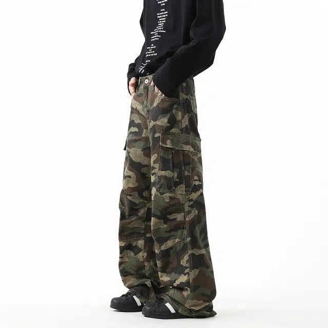 棉基因 美式高街纯棉休闲百搭宽松直筒舒适垂感日常通勤简约潮流迷彩工装牛仔裤 男女同款