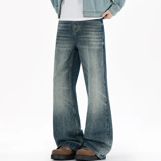 棉基因 美式高街复古磨白水洗做旧弯刀微喇基础款长裤宽松简约舒适通勤无性别主义时尚潮流直筒垂感牛仔裤 男女同款