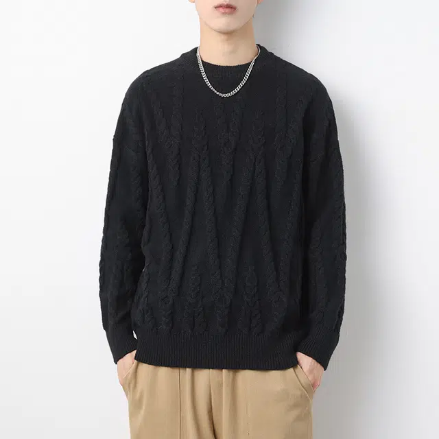 棉基因 纯色不规则提花情侣款秋冬季圆领针织线衫打底衫粗麻花宽松套头加绒加厚毛衣 男女同款