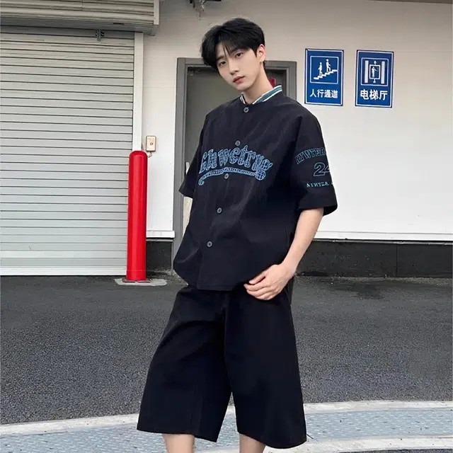 棉基因 美式学院风纯棉字母刺绣棒球领小众设计宽松简约落肩复古运动休闲百搭开衫衬衫 男女同款