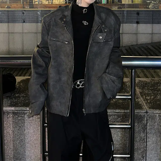 棉基因 美式高街美拉德复古水洗做旧宽松简约短款垫肩设计休闲百搭高级感擦色立领机车服飞行员皮夹克外套 男女同款