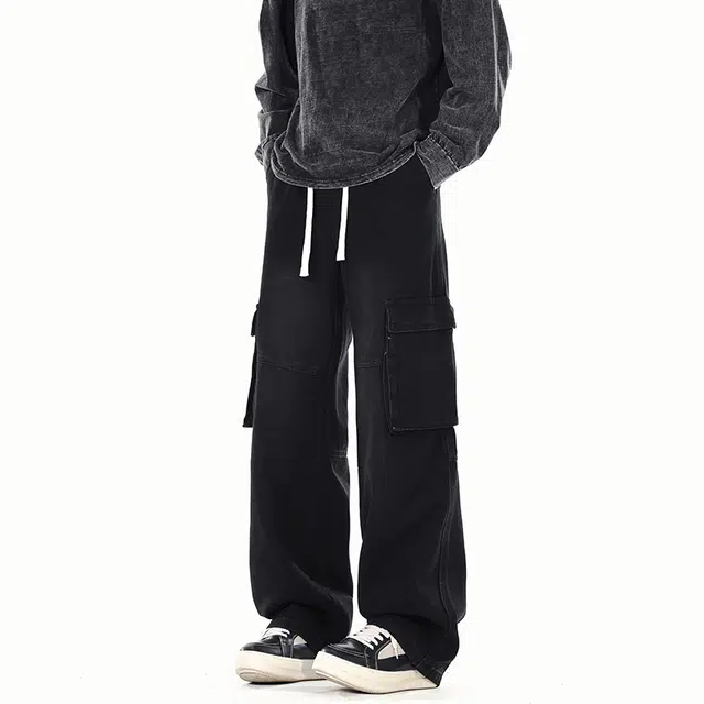 棉基因 美式高街水洗做旧复古磨白宽松简约直筒舒适垂感时尚潮流百搭牛仔裤 男女同款