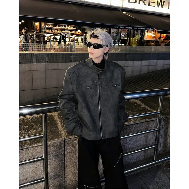 棉基因 美式高街美拉德复古水洗做旧宽松简约短款垫肩设计休闲百搭高级感擦色立领机车服飞行员皮夹克外套 男女同款