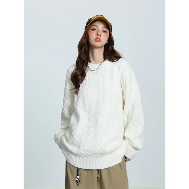 棉基因 文艺风编织柔软舒适肌理感纯色百搭麻花纹理圆领针织上衣不规则结构设计款保暖宽松毛衣 男女同款