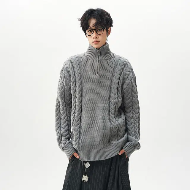 棉基因 美式复古不规则拼接结构设计款软糯懒感麻花纹理学院风休闲时尚宽松舒适保暖落肩长袖毛衣 男女同款