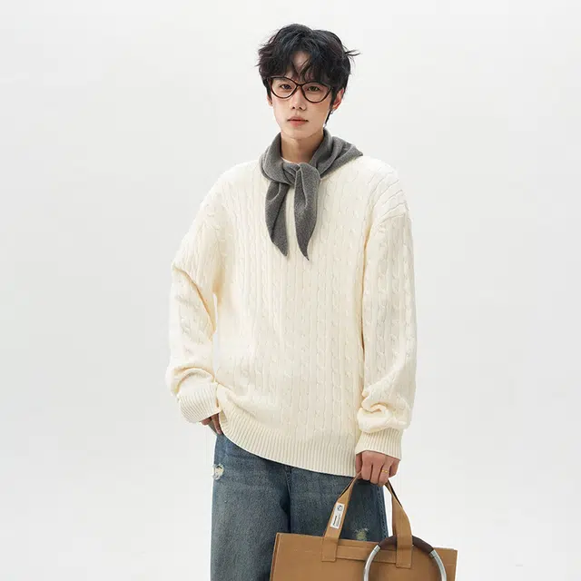 棉基因 文艺风编织肌理感纯色百搭麻花纹理圆领针织上衣不规则结构设计款保暖宽松毛衣 男女同款