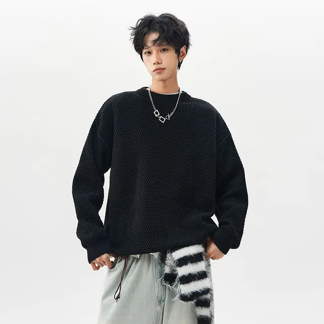 棉基因 老钱风复古高街设计款高级感针织打底上衣简约时尚圆领休闲百搭长袖毛衣 男女同款