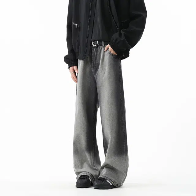 棉基因 美式高街复古渐变磨白做旧休闲百搭宽松直筒舒适垂感时尚潮流简约牛仔裤 男女同款