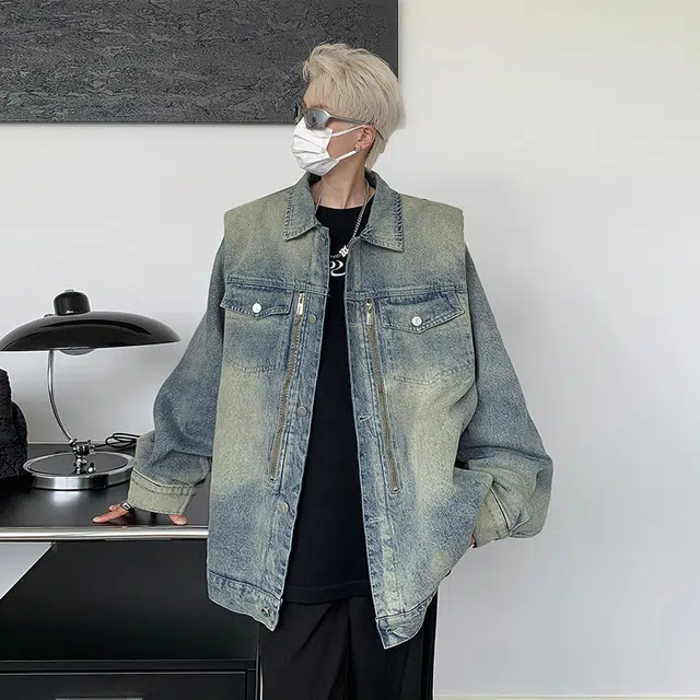 棉基因 美式复古水洗做旧嘻哈街头拉链设计翻领宽松简约高街运动潮流时尚百搭牛仔外套 男女同款