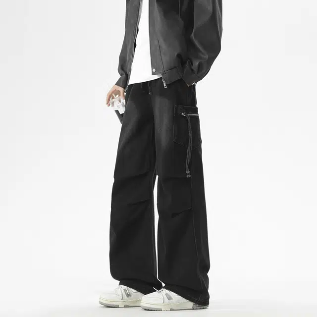 棉基因 美式高街水洗做旧复古褶皱宽松直筒垂感舒适简约时尚潮流百搭工装牛仔裤 男女同款