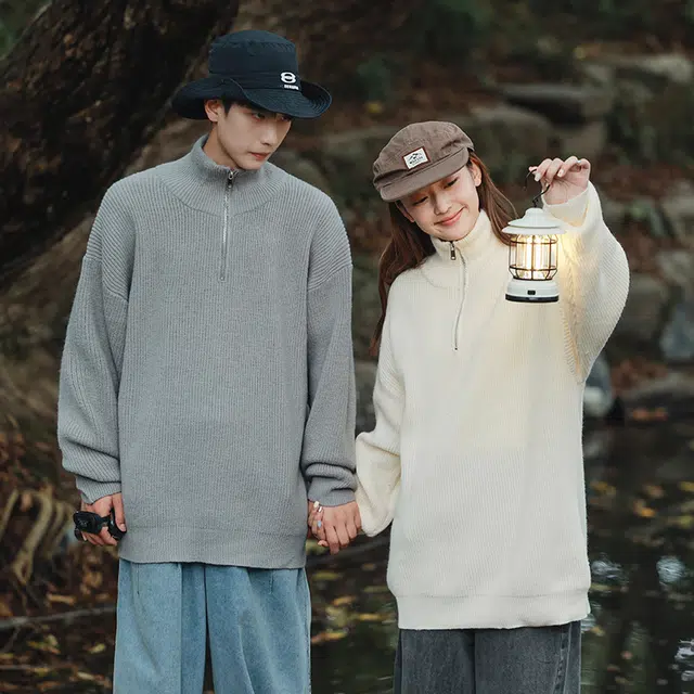 棉基因 美式高级感针织纹理纯色简约长袖立领拉链套头上衣保暖宽松休闲毛衣 男女同款