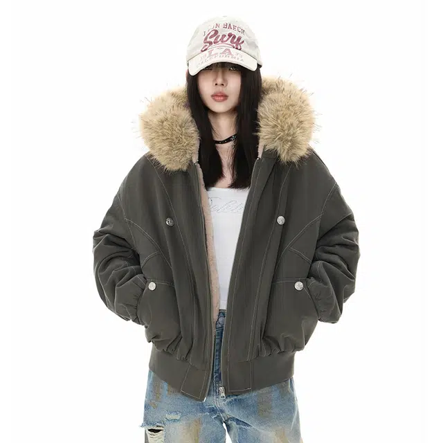 棉基因 美式高街学院风座山雕小香风设计感帽毛领宽松休闲连帽舒适百搭时尚潮流工装痞帅夹克棉服 男女同款