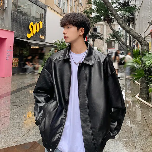 棉基因 美式高街小香风复古美拉德学院风纯色翻领时尚简约显瘦宽松百搭港味休闲皮衣夹克 男女同款