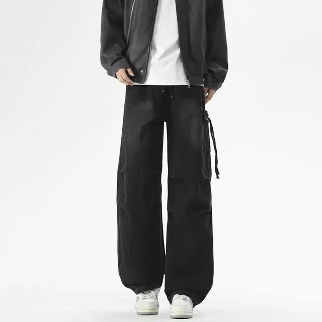 棉基因 美式高街水洗做旧复古褶皱宽松直筒垂感舒适简约时尚潮流百搭工装牛仔裤 男女同款