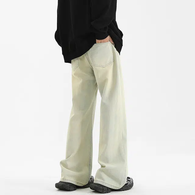 棉基因 复古磨白柳叶弯刀美式高街水洗做旧宽松简约直筒垂感微喇显高显瘦休闲百搭基础款牛仔裤 男女同款