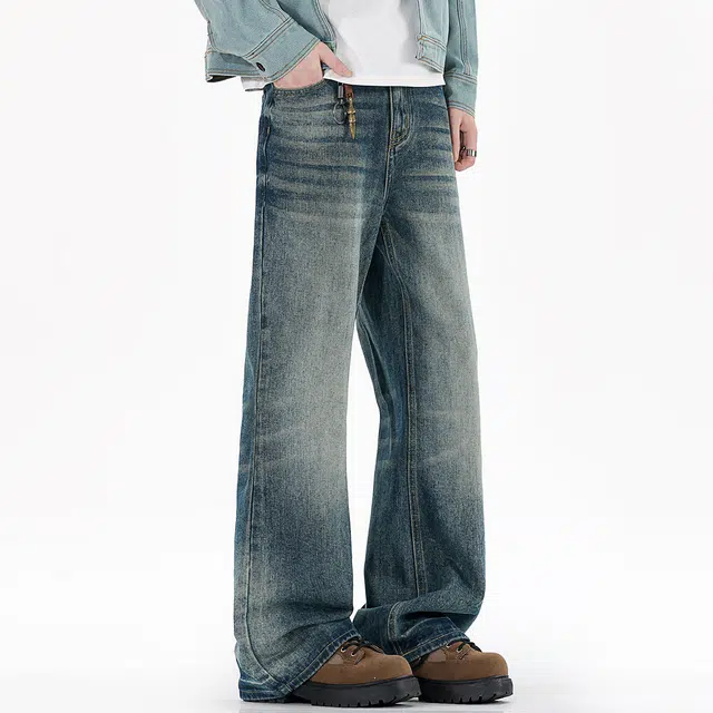 棉基因 美式高街复古磨白水洗做旧弯刀微喇基础款长裤宽松简约舒适通勤无性别主义时尚潮流直筒垂感牛仔裤 男女同款