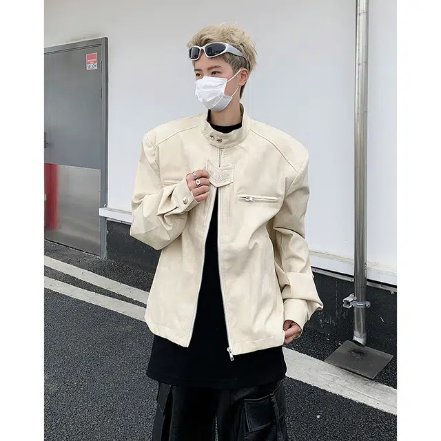 棉基因 美式高街美拉德复古水洗做旧宽松简约短款垫肩设计休闲百搭高级感擦色立领机车服飞行员皮夹克外套 男女同款