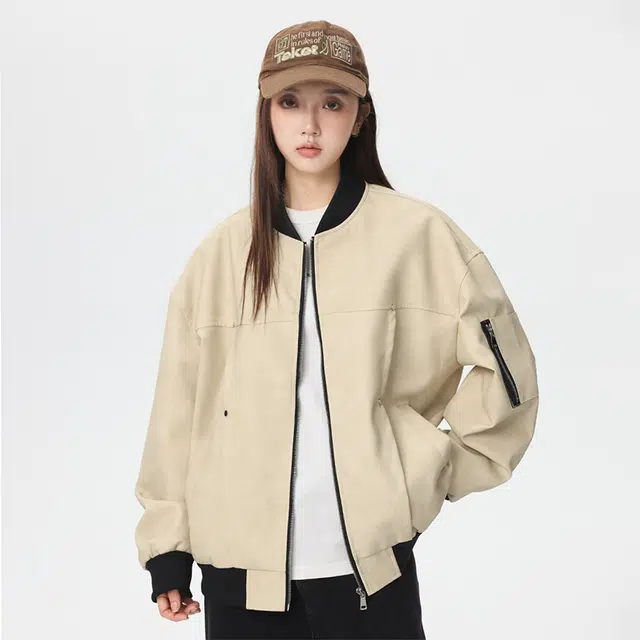 棉基因 巴恩风美拉德学院风复古运动水洗皮衣宽松休闲防风保暖纯色棒球领柳钉设计飞行员工装夹克 男女同款