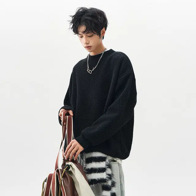 棉基因 老钱风复古高街设计款高级感针织打底上衣简约时尚圆领休闲百搭长袖毛衣 男女同款