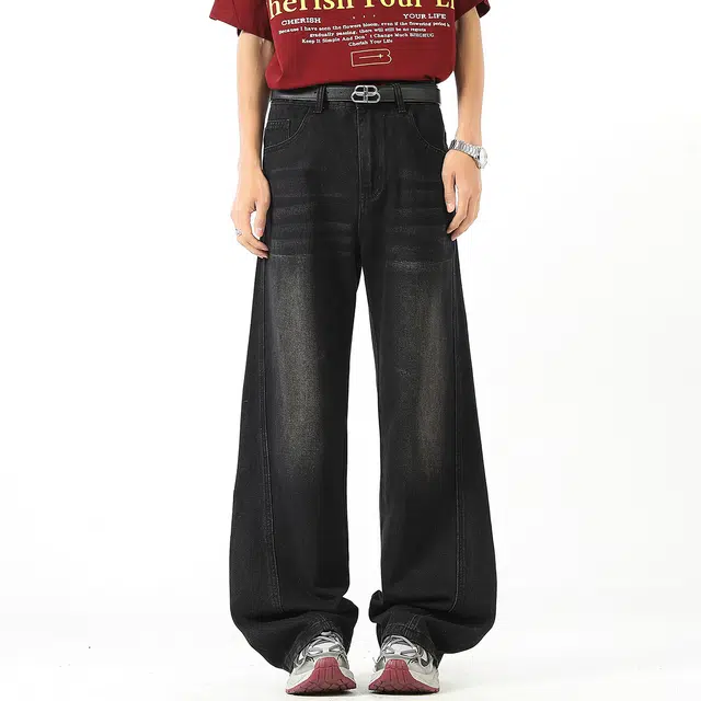 棉基因 复古做旧水洗基础款美式高街舒适亲肤透气通勤百搭挂件修饰微喇直筒牛仔裤 男女同款