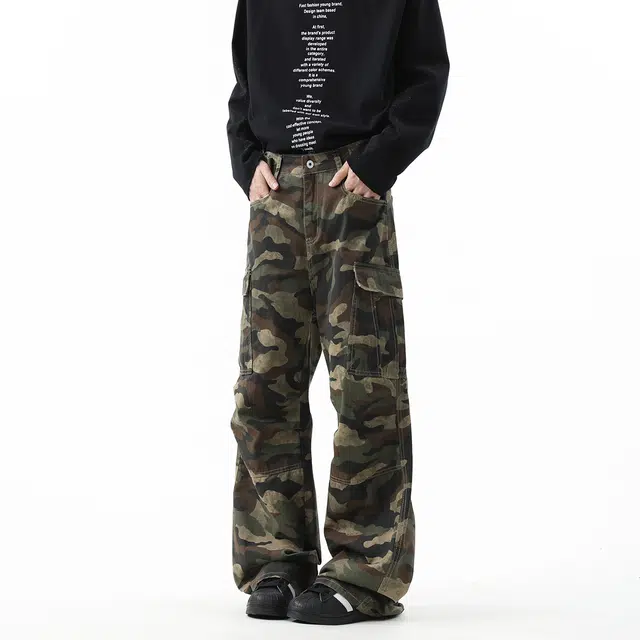 棉基因 美式高街纯棉休闲百搭宽松直筒舒适垂感日常通勤简约潮流迷彩工装牛仔裤 男女同款