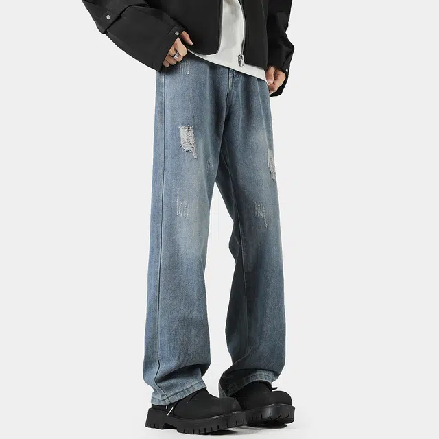 棉基因 破洞复古基础纯色垂感宽松阔腿高街美式做旧水洗休闲运动显瘦街头风牛仔裤 男女同款