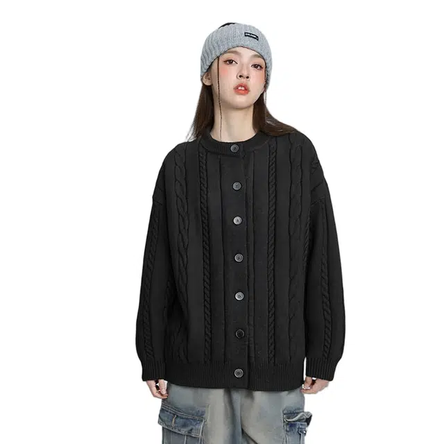 棉基因 纯色简约复古小香风圆领单排扣宽松慵懒风舒适柔软开衫毛衣 男女同款