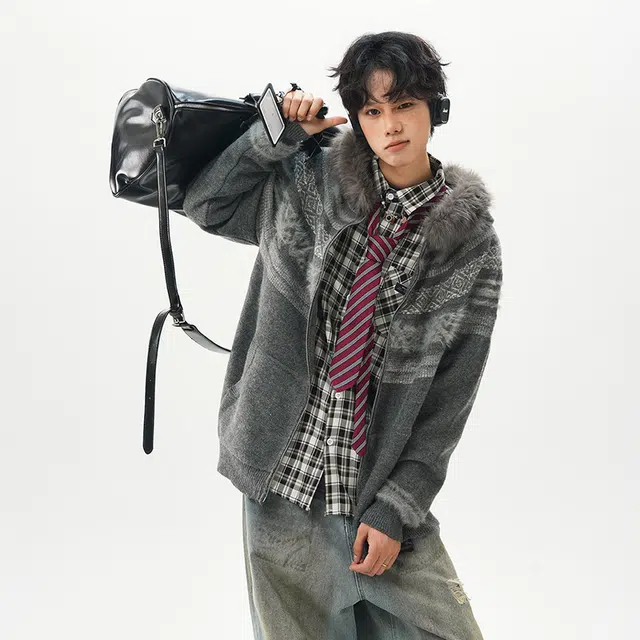 棉基因 费尔岛提花撞色柔软舒适加厚保暖御寒连帽毛领腰果花基础款百搭时尚宽松休闲打底衣针织毛衣 男女同款