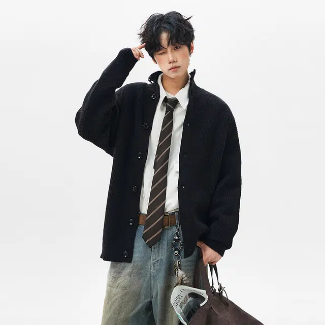 棉基因 老钱风高级感纹理设计款针织开衫纯色简约长袖立领拉链保暖宽松休闲毛衣 男女同款