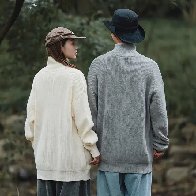 棉基因 美式高级感针织纹理纯色简约长袖立领拉链套头上衣保暖宽松休闲毛衣 男女同款