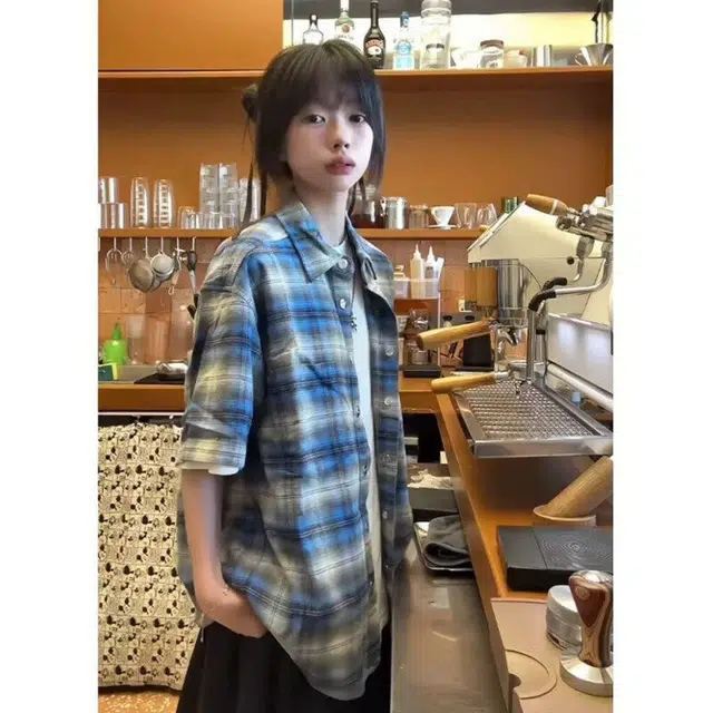 臣目 法兰绒蓝色格子衬衫美式复古翻领短袖衬衫 男款 蓝色