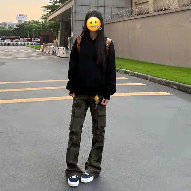 臣目 美式迷彩工装裤直筒潮牌痞帅炸街弯刀裤窄版修身微喇牛仔裤 男女同款