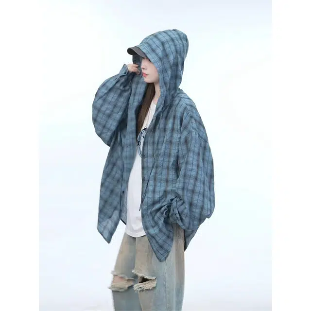 臣目 泡泡纱连帽格子衬衫男长袖夏季轻薄款防晒衬衣宽松休闲慵懒风外套上衣 男女同款