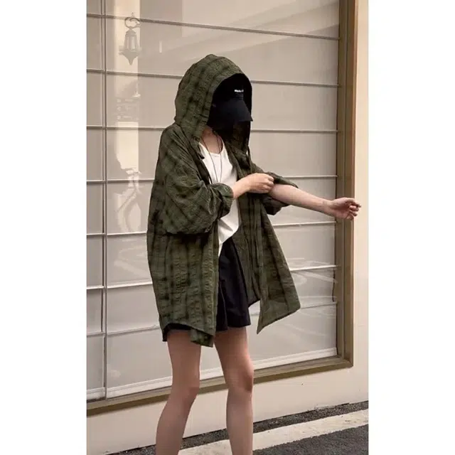 臣目 泡泡纱连帽格子衬衫男长袖夏季轻薄款防晒衬衣宽松休闲慵懒风外套上衣 男女同款