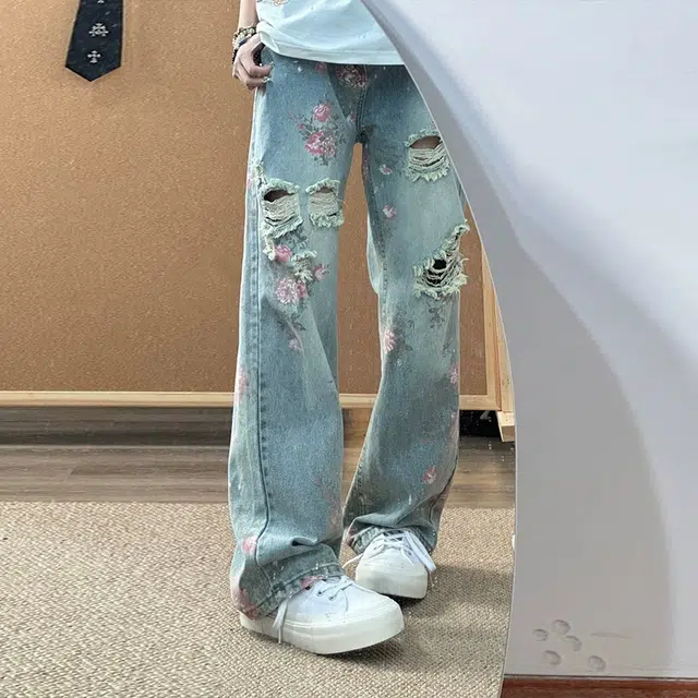 臣目 美式高街花卉破洞牛仔裤男款夏季高级感显瘦裤子玫瑰满印直筒裤长裤 男女同款