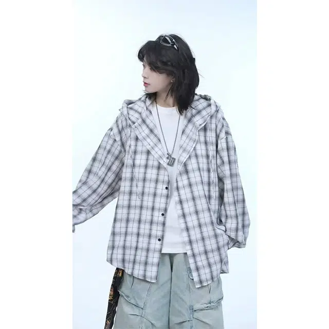 臣目 泡泡纱连帽格子衬衫男长袖夏季轻薄款防晒衬衣宽松休闲慵懒风外套上衣 男女同款