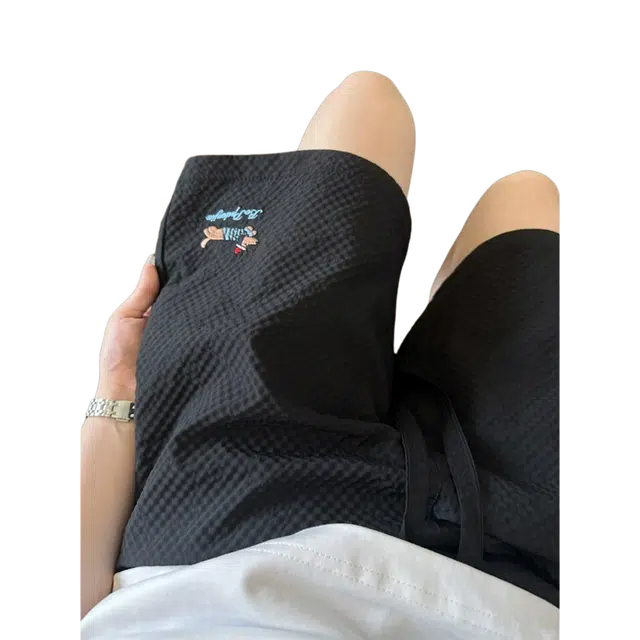 臣目 藏青色泡泡纱腊肠狗短裤男款夏季刺绣冰丝速干美式五分裤裤子 男女同款