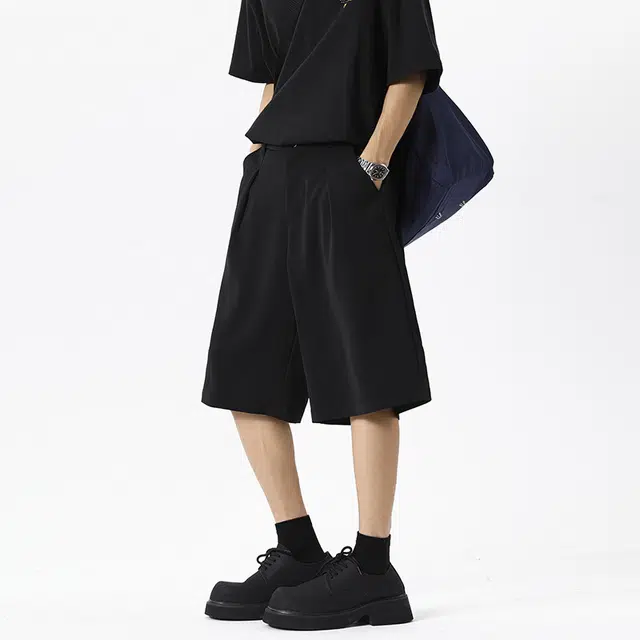 臣目 高级感舒适百搭时尚中腰宽松纯色拉链适中五分休闲短裤 男款