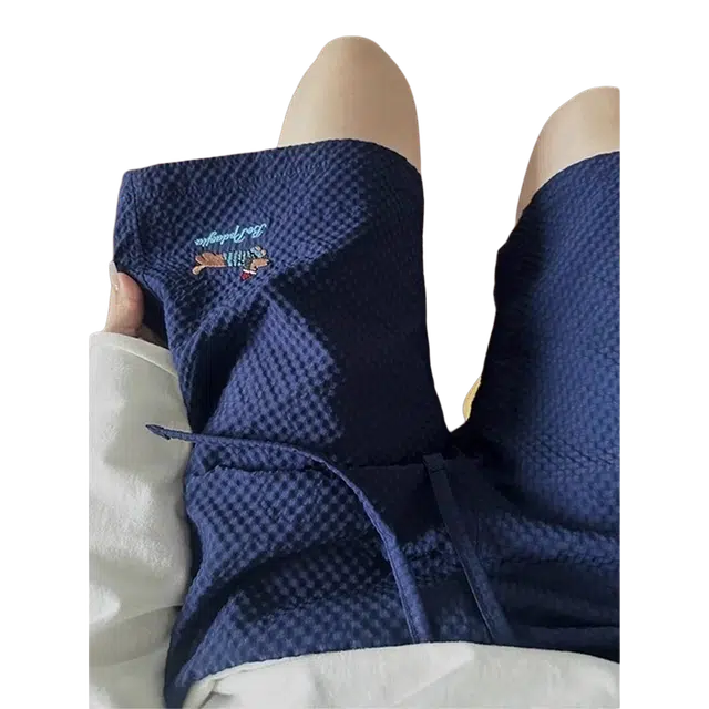 臣目 藏青色泡泡纱腊肠狗短裤男款夏季刺绣冰丝速干美式五分裤裤子 男女同款
